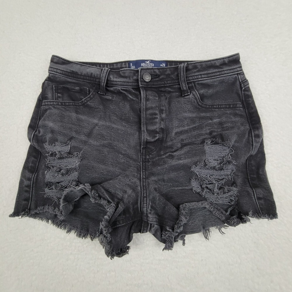 Hollister Curvy High Rise Mom Cut Off Shorts Womens 9 w29 Black Denim Distressed